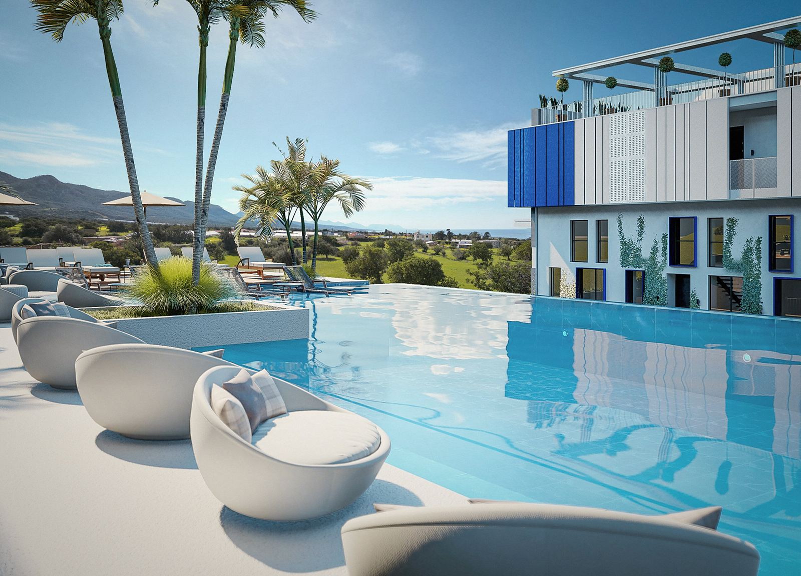 Lounge pods beside the infinity pool at The Blue