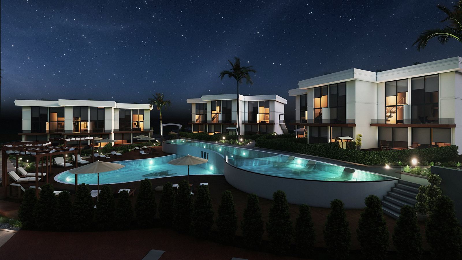 Siesta Beachfront lit up at night