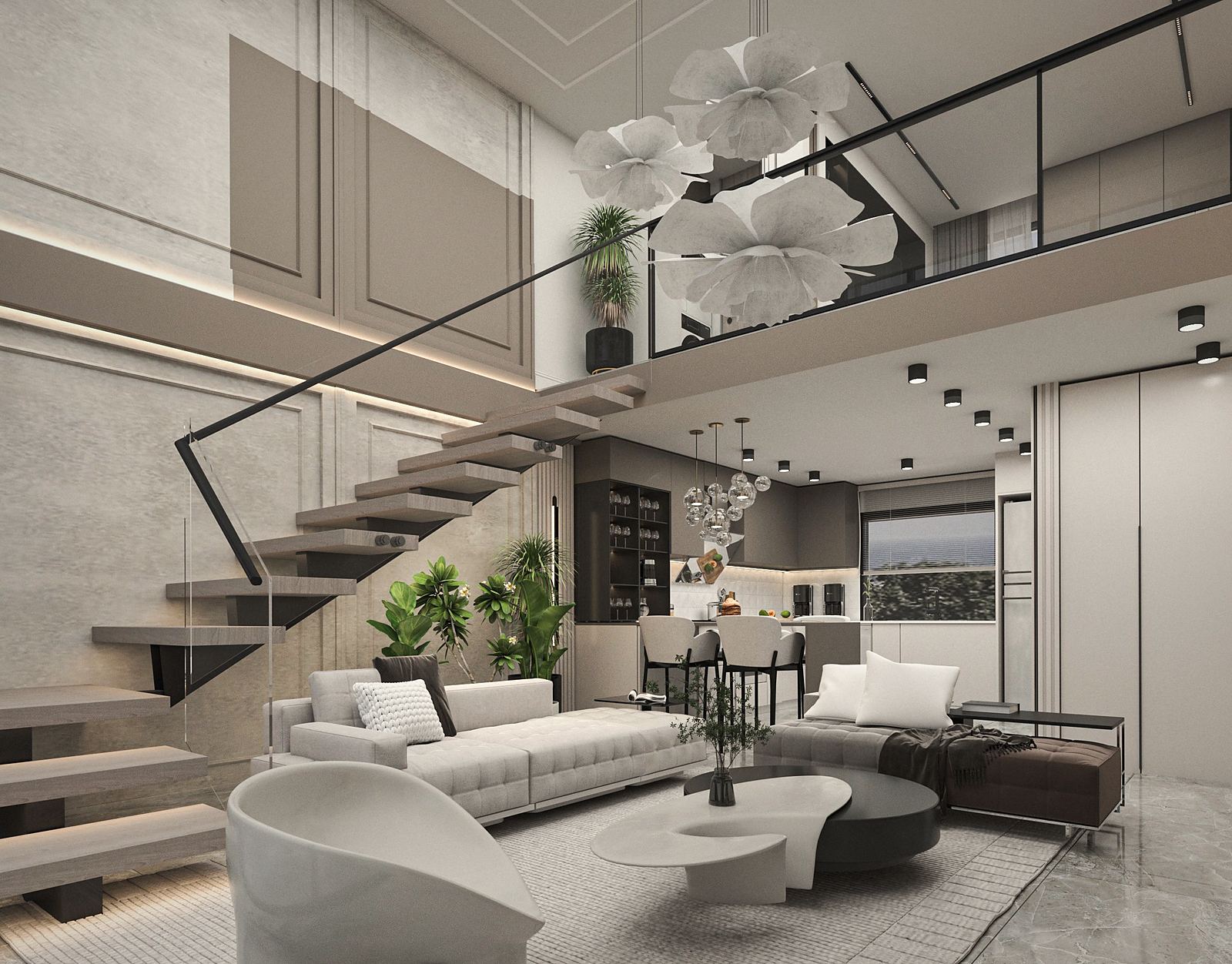 Double-height loft living room