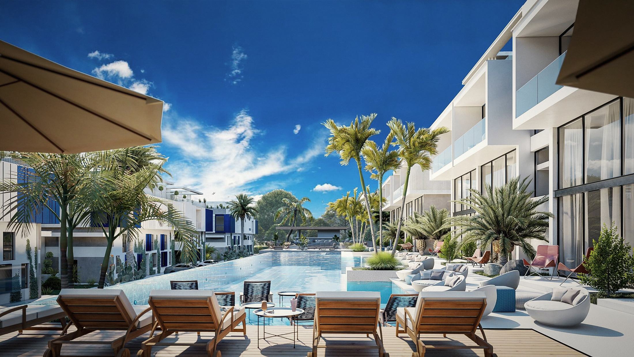 Pool terrace with loungers and palms at The Blue