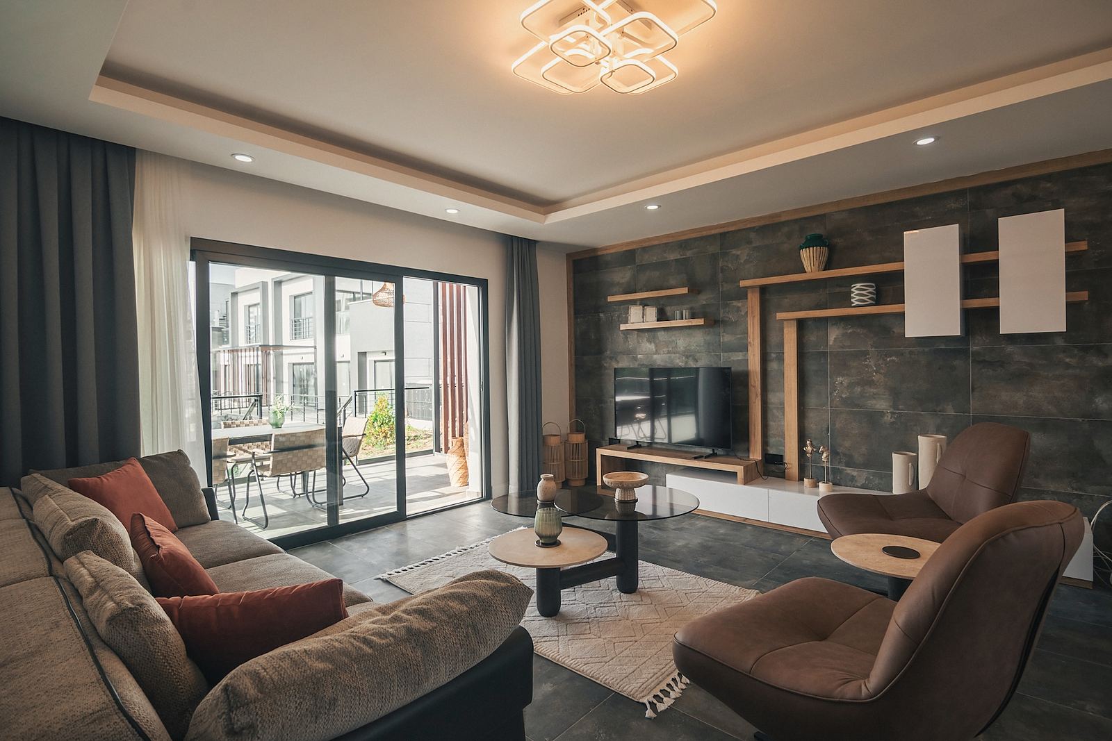 Living room with stone feature wall