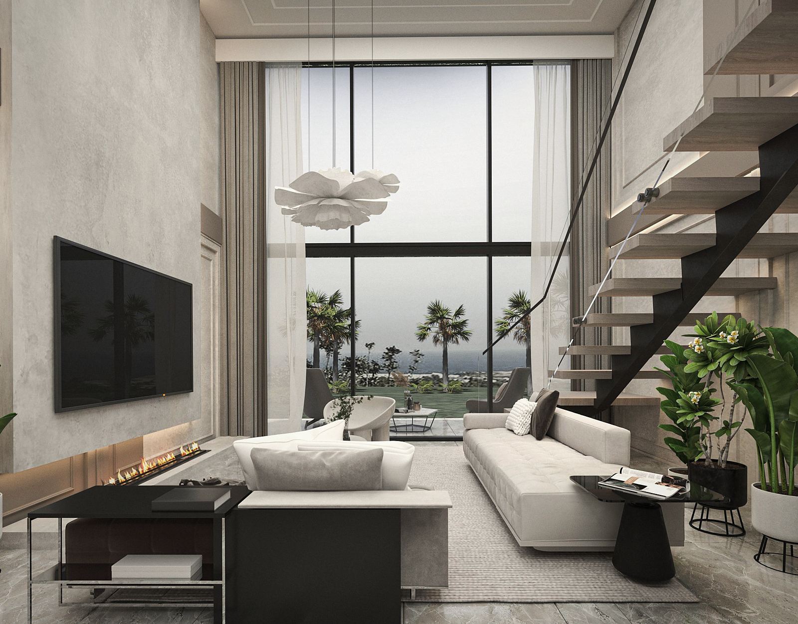 Loft living room with fireplace and garden view